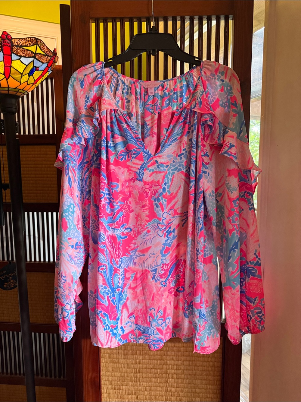 Lilly Pulitzer Pink & Blue Floral Ruffle-Trim Top XL